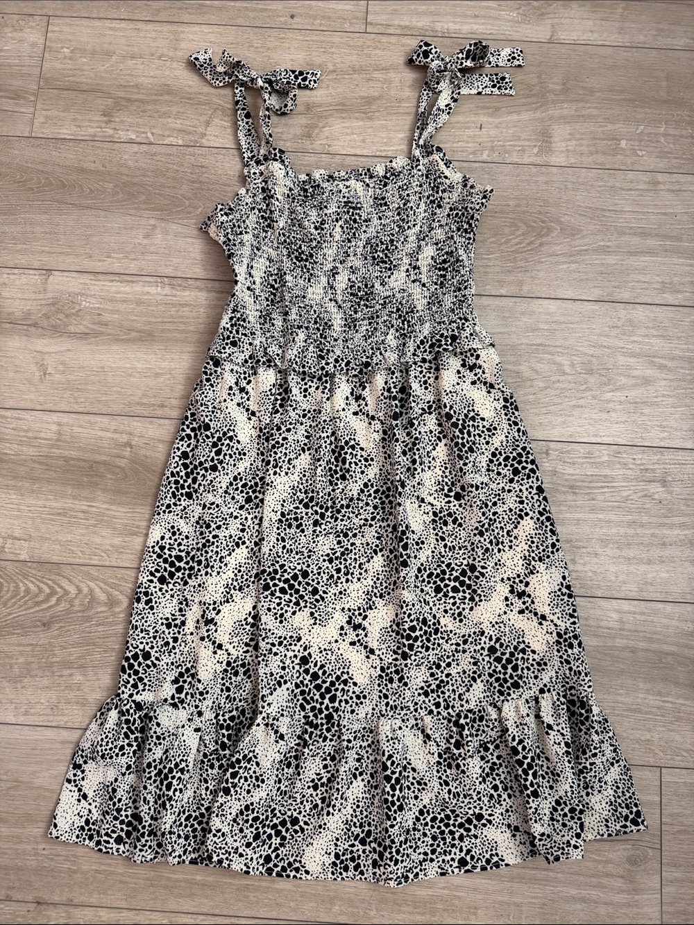 Tie-Shoulder Smocked Sundress in Black and Cream